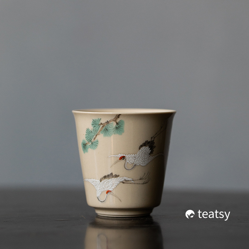 Vintage Grasswood Gray Glazed Tea Cup With Traditional Chinese Watercolor Paintings (60ml)-TeaTsy Official Website