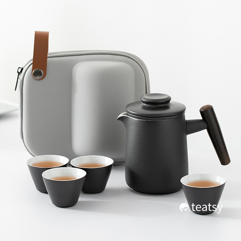 [SALE]"Zen" - Handmade Portable Coarse Pottery Tea Set With Protective Case (4 × Cup)-TeaTsy Official Website