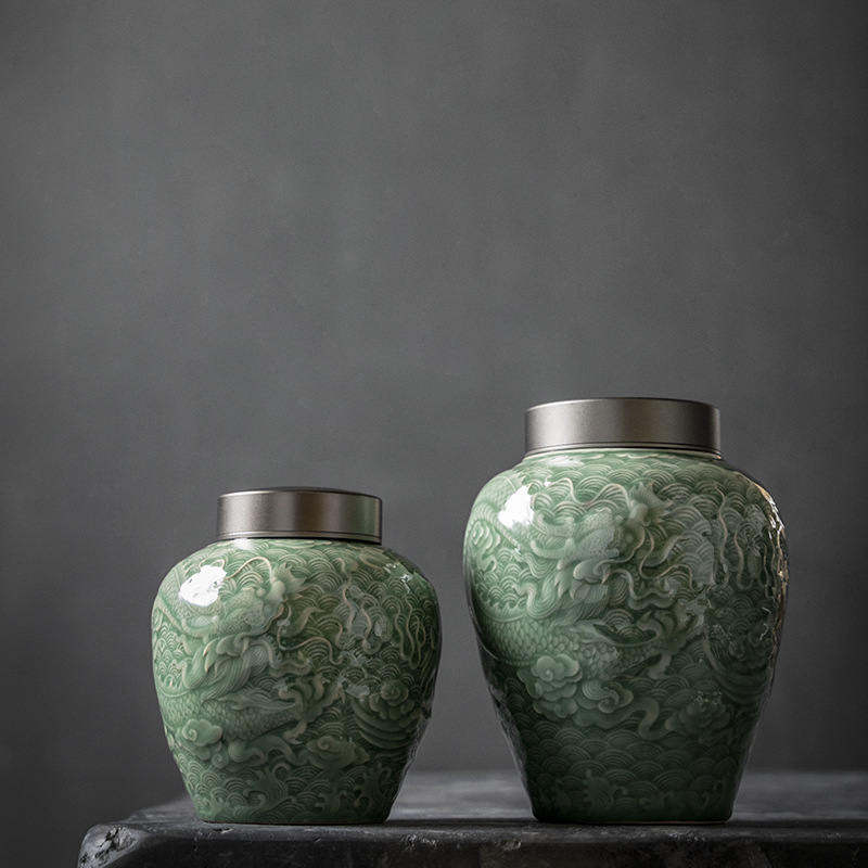 [SALE]Hand-embossed Antique Style Dragon & Phoenix Pattern Celadon Tea Canister-TeaTsy Official Website