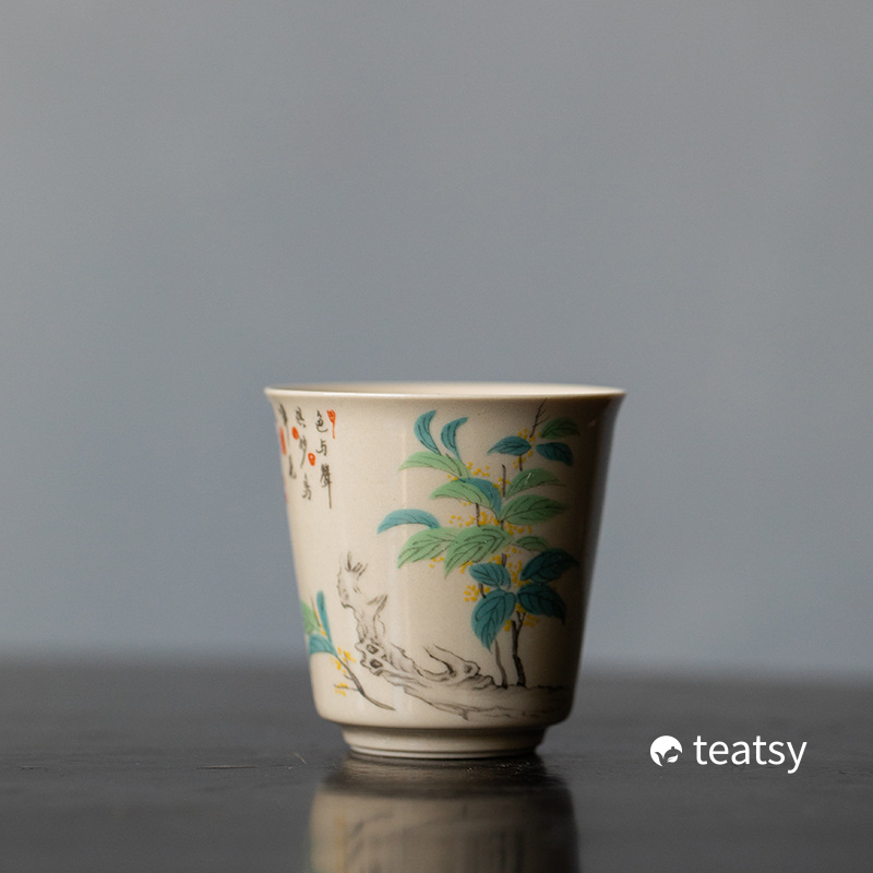 Vintage Grasswood Gray Glazed Tea Cup With Traditional Chinese Watercolor Paintings (60ml)-TeaTsy Official Website