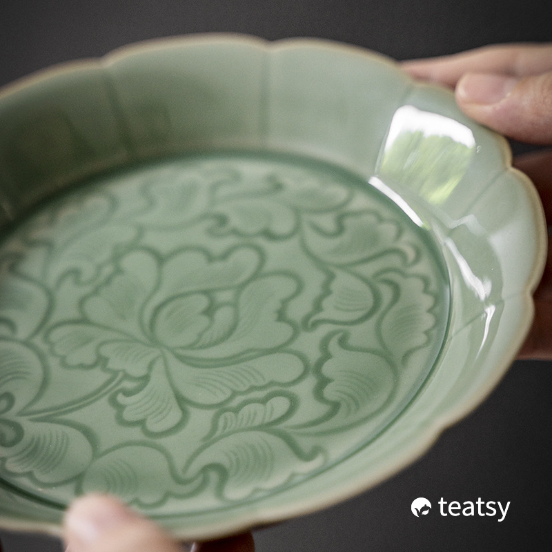 [SALE]“Peony” - Hand-embossed Antique Style Yue Klin Celadon Teapot Holder/Tea Basin/Tea Tray-TeaTsy Official Website