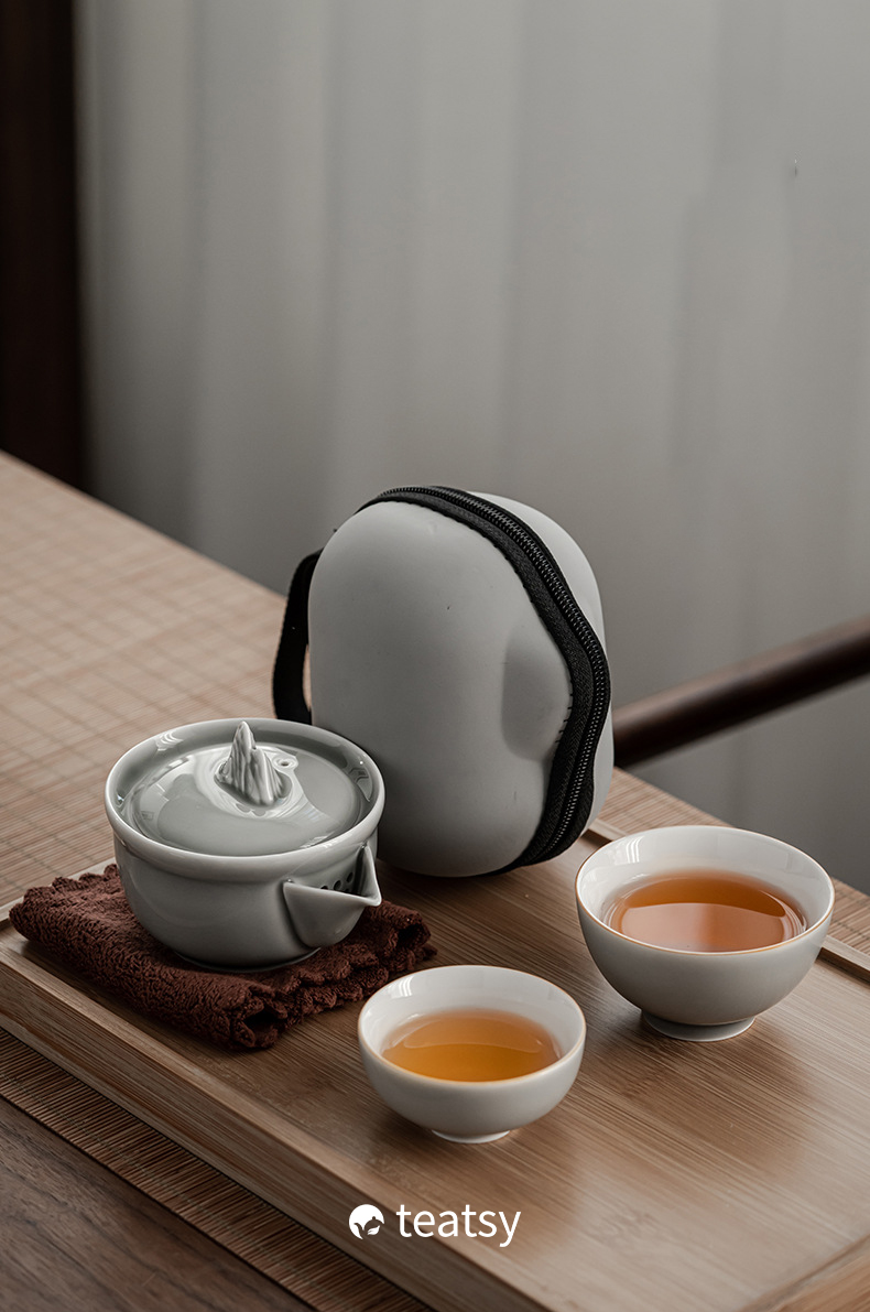 [SALE]“Mountain Silhouette”Handmade Ice-gray Glaze Ceramic Easy Brew Gaiwan Teaset (Double-cup) With Protective Case-TeaTsy Official Website