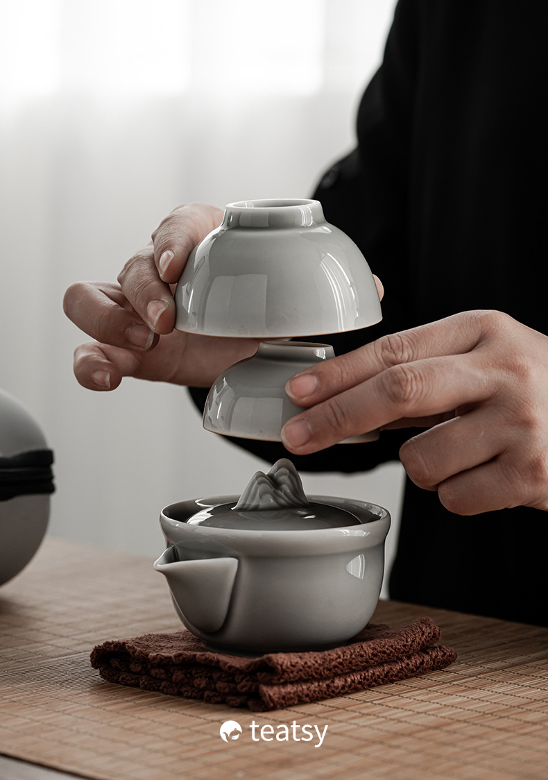 [SALE]“Mountain Silhouette”Handmade Ice-gray Glaze Ceramic Easy Brew Gaiwan Teaset (Double-cup) With Protective Case-TeaTsy Official Website