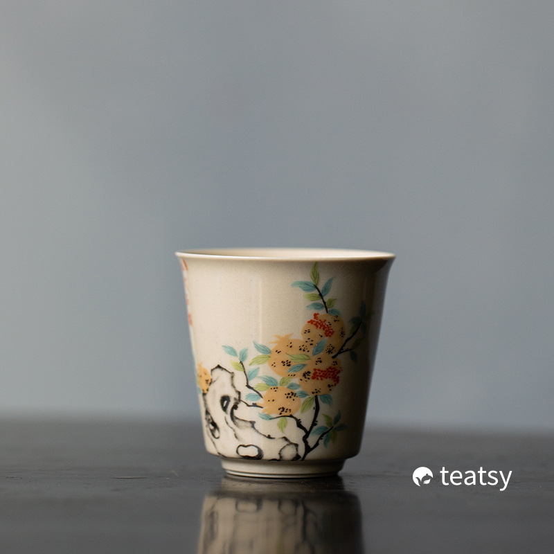 Vintage Grasswood Gray Glazed Tea Cup With Traditional Chinese Watercolor Paintings (60ml)-TeaTsy Official Website