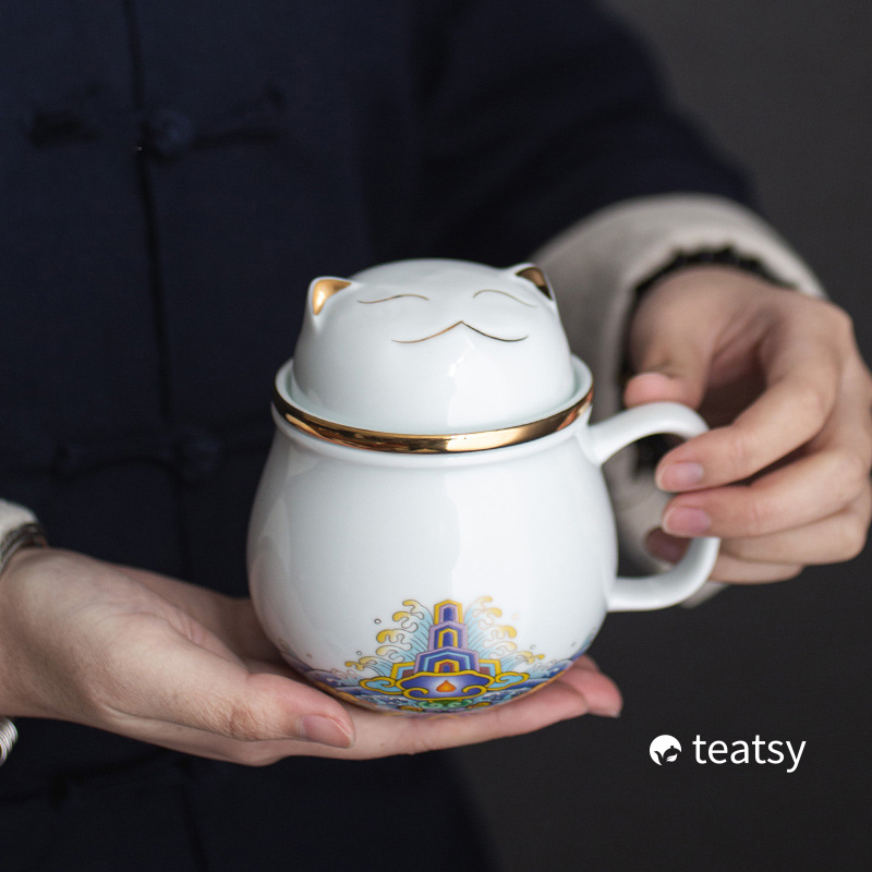 “Lucky Kitten” Porcelain Tea Mug with Infuser-TeaTsy Official Website