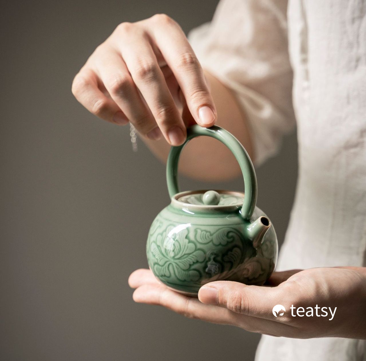 “Peony” - Hand-embossed Antique Style Yue Klin Celadon Teapot-TeaTsy - For A Good Cup of Tea