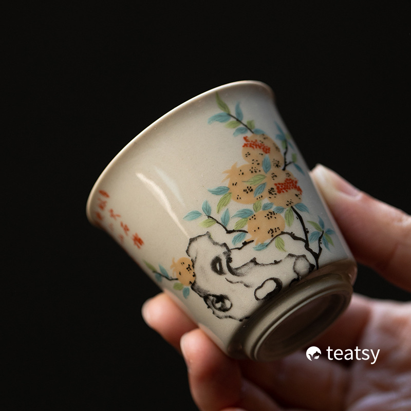 Vintage Grasswood Gray Glazed Tea Cup With Traditional Chinese Watercolor Paintings (60ml)-TeaTsy Official Website