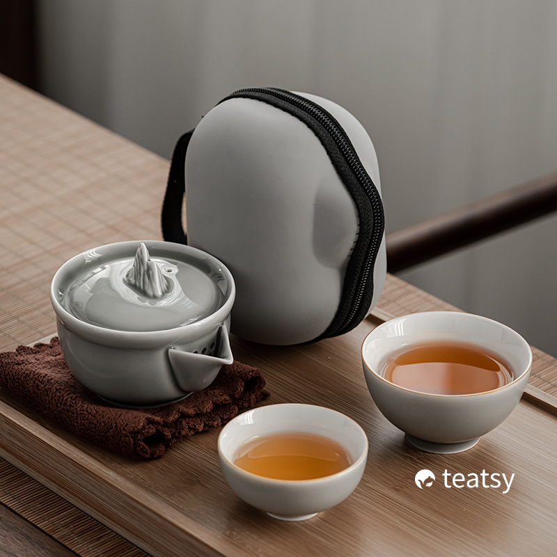 [SALE]“Mountain Silhouette”Handmade Ice-gray Glaze Ceramic Easy Brew Gaiwan Teaset (Double-cup) With Protective Case-TeaTsy Official Website