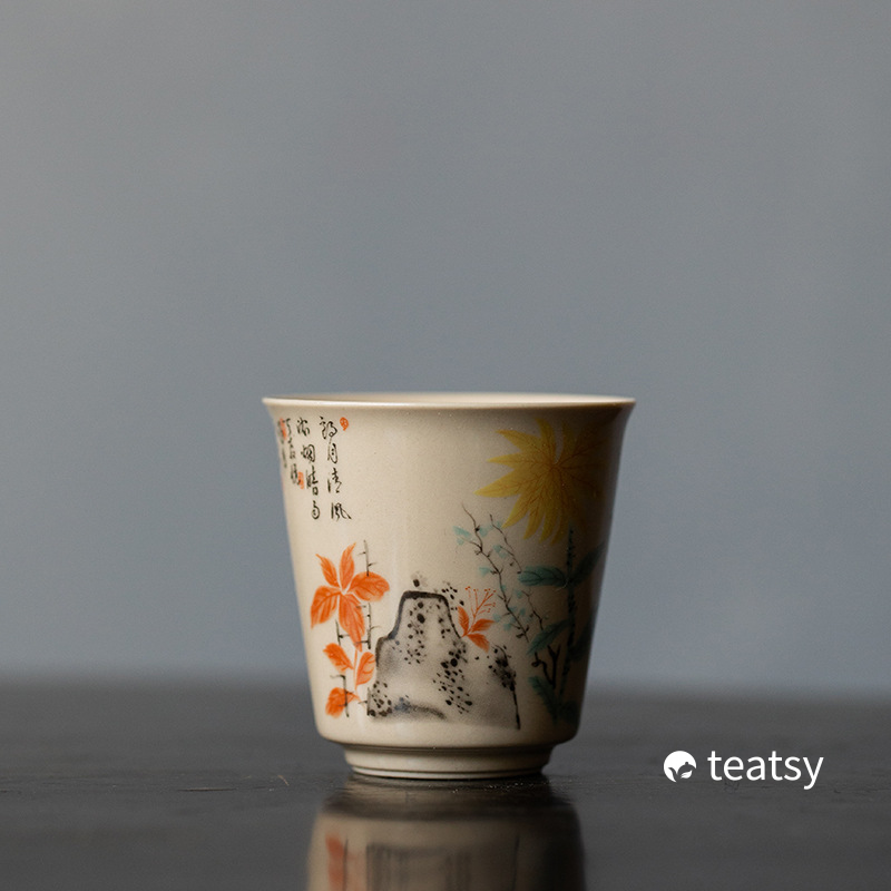 Vintage Grasswood Gray Glazed Tea Cup With Traditional Chinese Watercolor Paintings (60ml)-TeaTsy Official Website