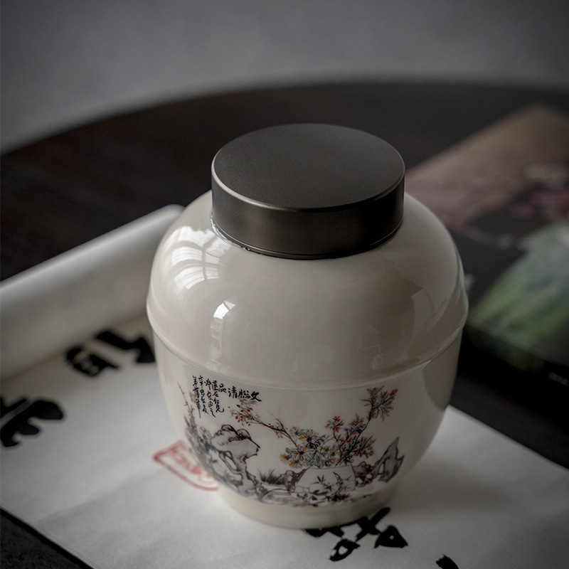 “Taihu Lake Stone & Orchids”Handmade Grasswood Gray Glaze Tea Canister With Chinese Watercolor Paintings-TeaTsy - For A Good Cup of Tea