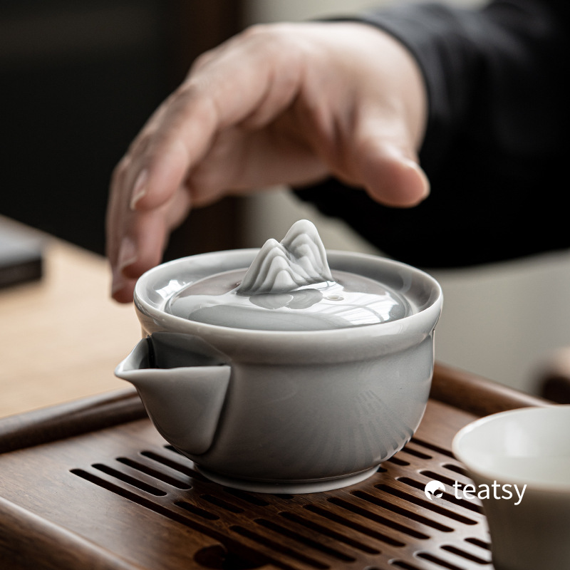 [SALE][Buy 1 Get 1 Free]“Mountain Silhouette”Handmade Ice-gray Glaze Ceramic Easy Brew Gaiwan-TeaTsy Official Website