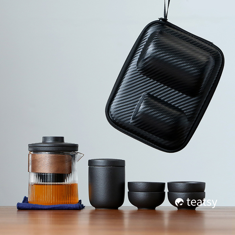 [SALE]"Wood Talk" Handmade Black Pottery Easy Brew Outdoor Teaset With Protective Case-TeaTsy Official Website