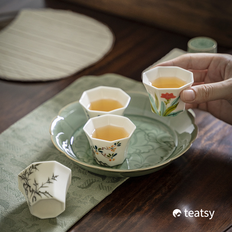 [SALE]“Peony” - Hand-embossed Antique Style Yue Klin Celadon Teapot Holder/Tea Basin/Tea Tray-TeaTsy Official Website