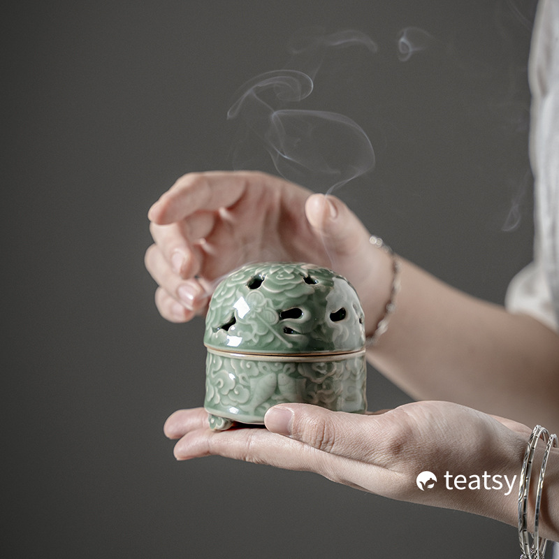 “Peony” - Handmade Antique Style Yue Kiln Celadon Incense Burner/Holder-TeaTsy - For A Good Cup of Tea