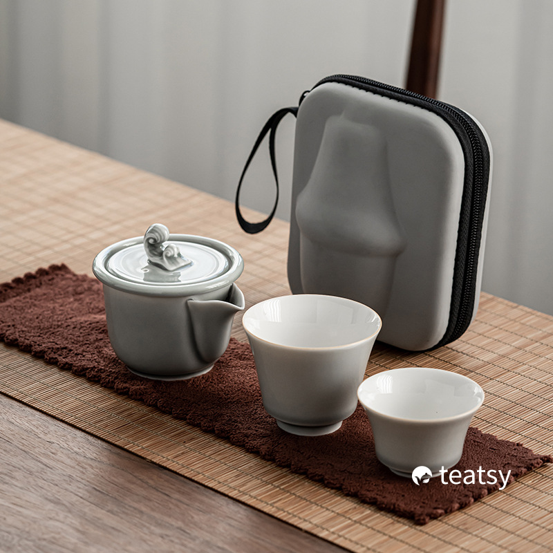 “Ocean Wave” Handmade Ice-gray Glaze Ceramic Easy Brew Gaiwan Teaset (Double-cup) With Protective Case-TeaTsy Official Website