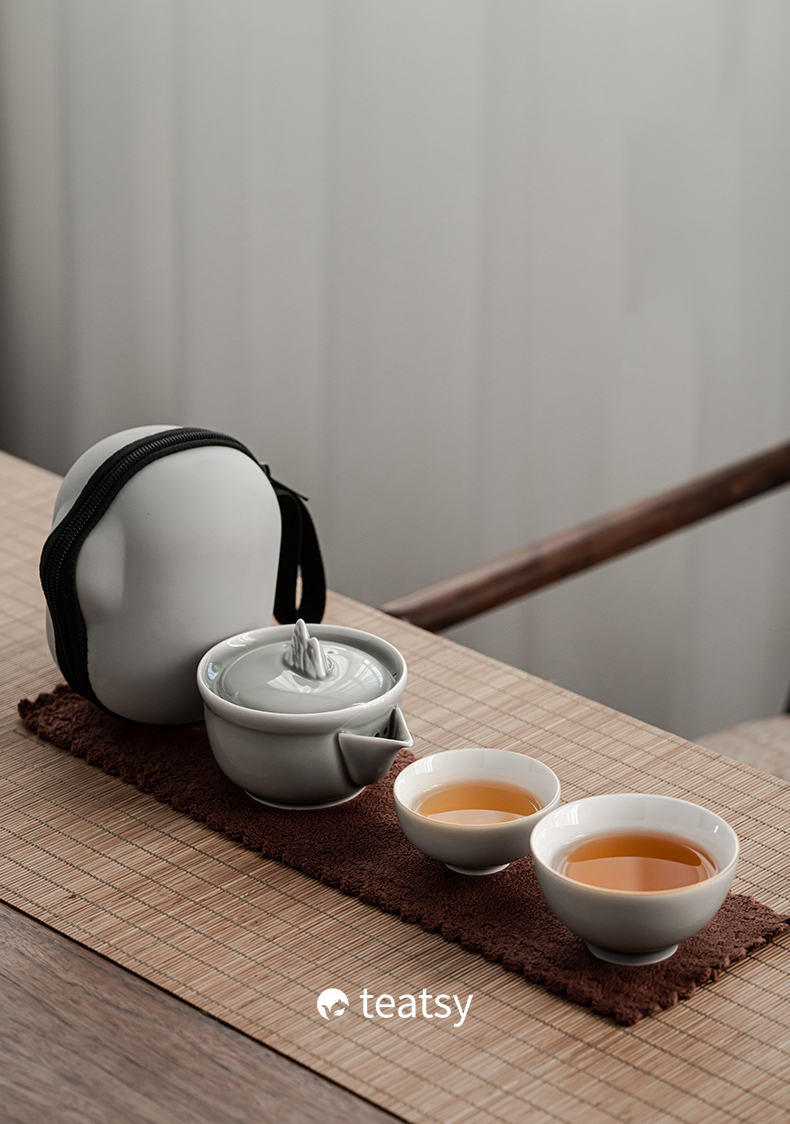 [SALE]“Mountain Silhouette”Handmade Ice-gray Glaze Ceramic Easy Brew Gaiwan Teaset (Double-cup) With Protective Case-TeaTsy Official Website
