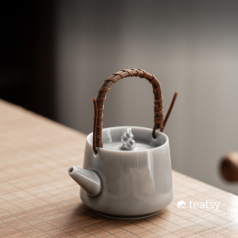 [SALE]“Withered Rock”Hand-made Ice-gray Glaze Ceramic Teapot With Overhead Wooden Handle-TeaTsy Official Website