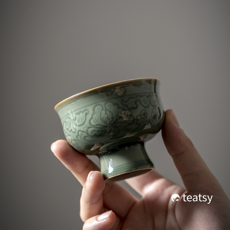 [SALE]Hand-embossed Antique Style Peony Pattern Yue Kiln Celadon Tasting Cup-TeaTsy Official Website