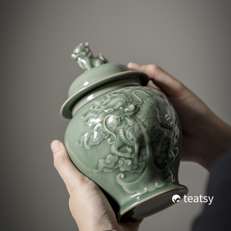 [SALE]Hand-embossed Antique Style Dragon Pattern Celadon Tea Canister-TeaTsy Official Website