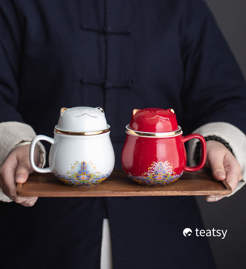Lucky Cat Ceramic Tea Mugs,Travel case packaging