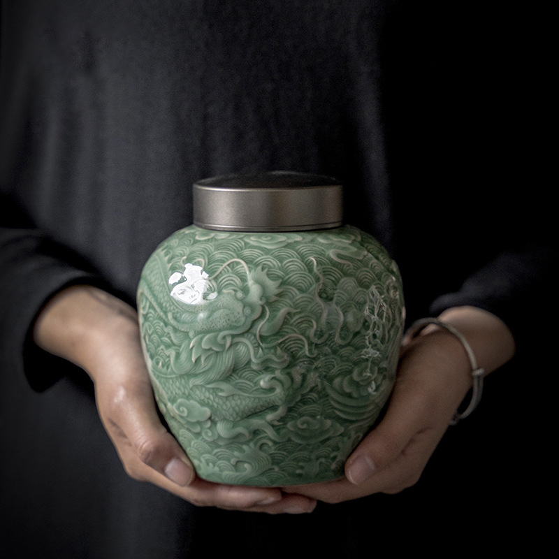 Hand-embossed Antique Style Dragon & Phoenix Pattern Celadon Tea Canister-TeaTsy - For A Good Cup of Tea