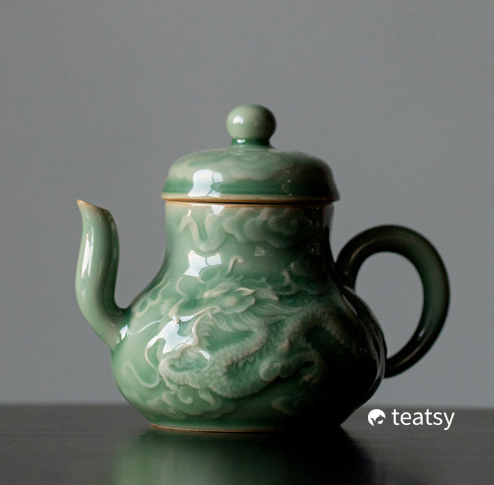 [SALE]Hand-embossed Antique Style Dragon & Phoenix Pattern Yue Klin Celadon Teapot-TeaTsy Official Website