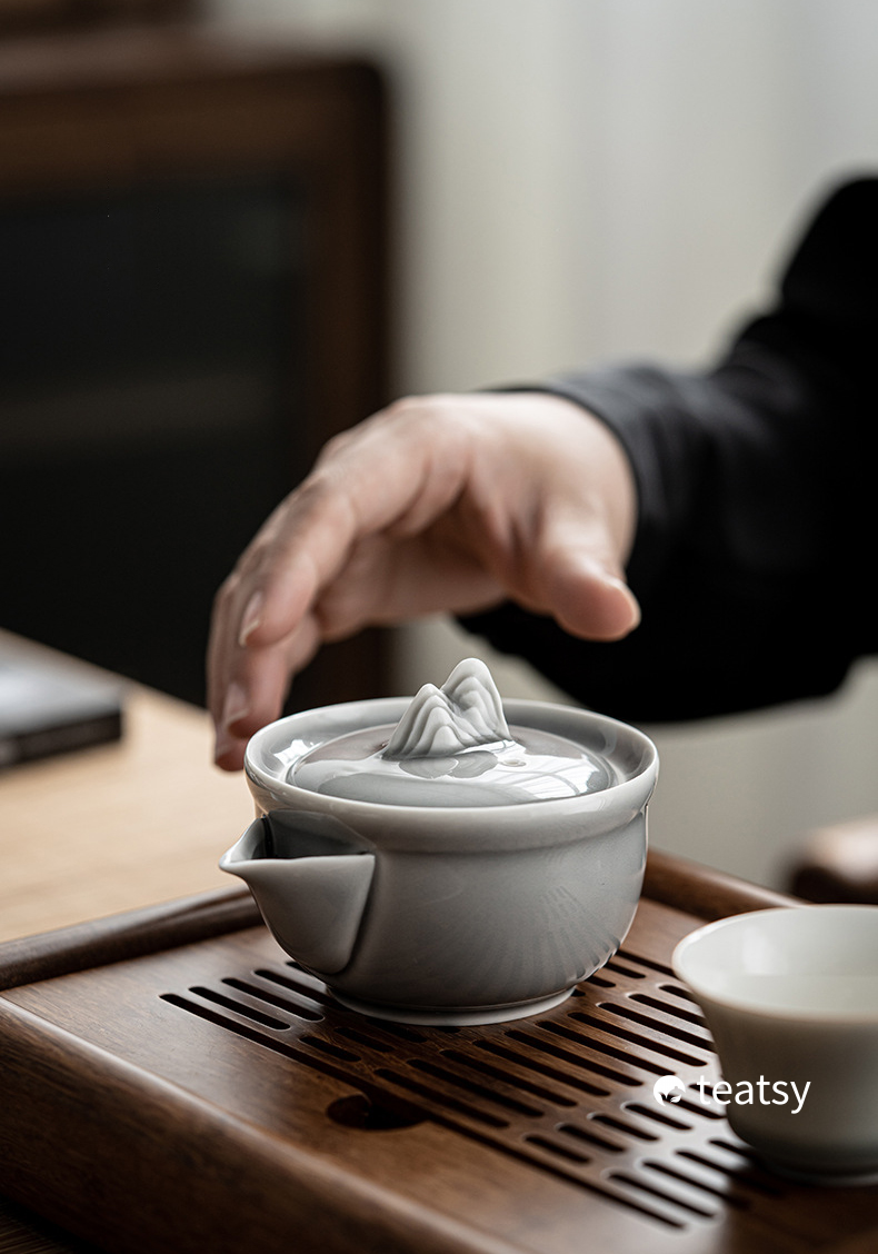 [SALE][Buy 1 Get 1 Free]“Mountain Silhouette”Handmade Ice-gray Glaze Ceramic Easy Brew Gaiwan-TeaTsy Official Website