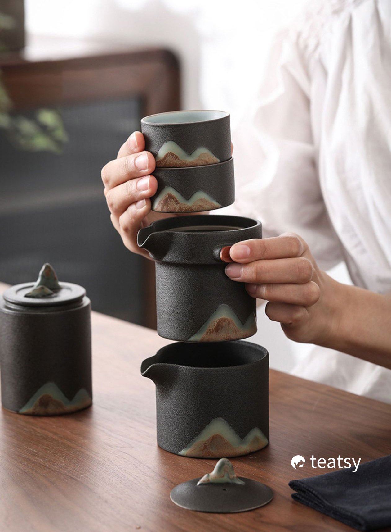 [SALE]“Breeze From Mountain Afar” - Handmade Black Pottery Easy Brew Tea Set With Protective Case-TeaTsy Official Website