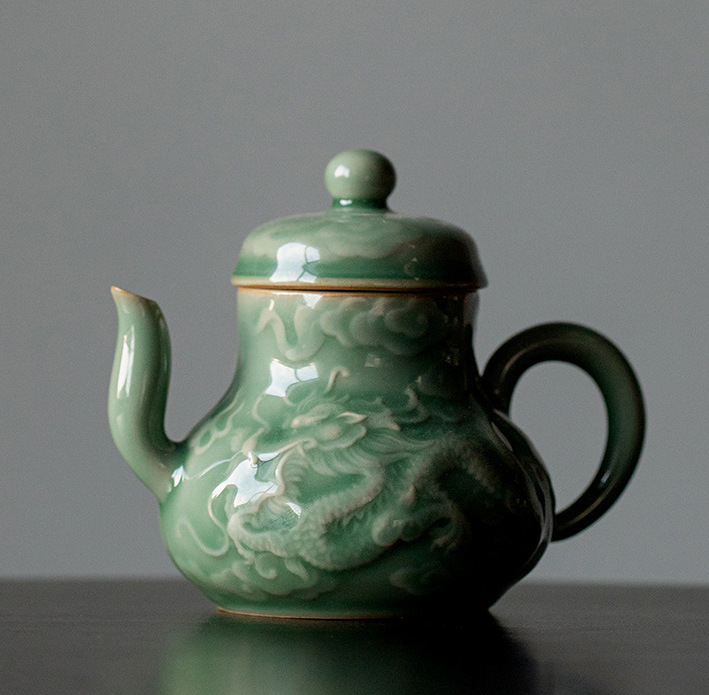 Hand-embossed Antique Style Dragon & Phoenix Pattern Yue Klin Celadon Teapot-TeaTsy - For A Good Cup of Tea