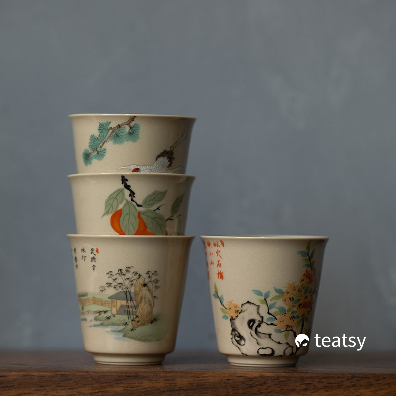 Vintage Grasswood Gray Glazed Tea Cup With Traditional Chinese Watercolor Paintings (60ml)-TeaTsy Official Website