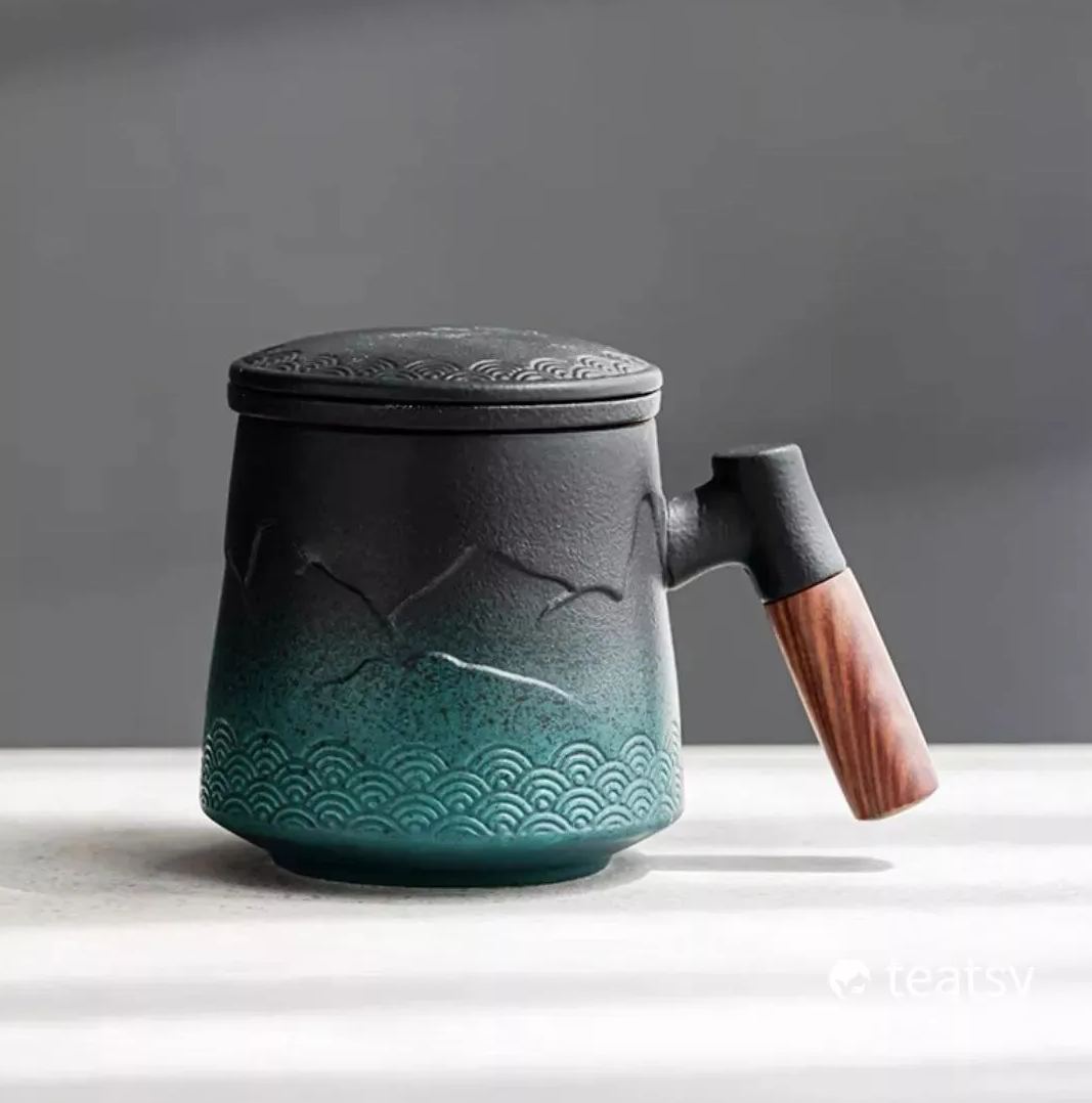 “Mountain” - Handmade Embossed Ceramic Tea Mug With Wooden Handle and Removable Infuser-TeaTsy Official Website