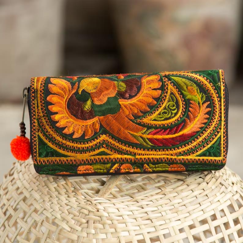 Handcrafted Boho Wallet with Hmong Tribal Embroidered Pom Pom Zip Pull Purse for Women