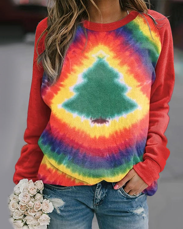 Moveposition™ Women's Tie Dye Christmas Tree Print Sweatshirt-Move Position