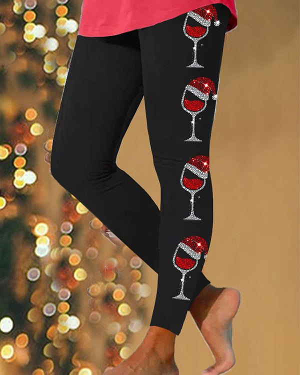 Moveposition™ Red Wine Glass Casual Printed Leggings-Move Position