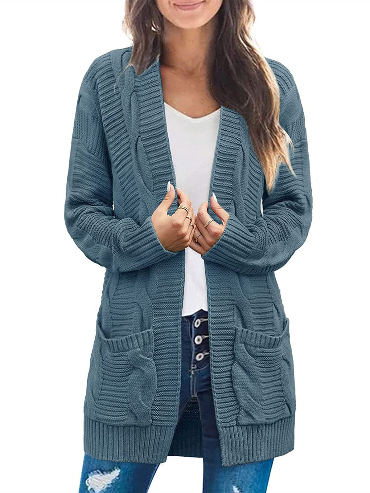 2021 Women's Long Sleeve Cable Knit Cardigan Sweaters-Move Position
