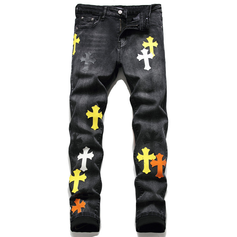 Embroidered Cross Straight Jeans-Move Position