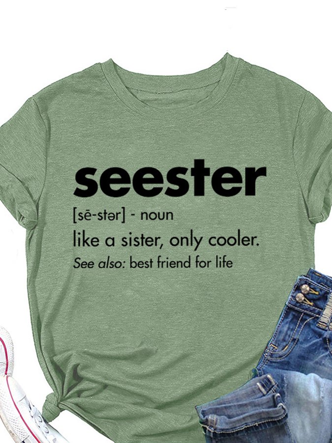 Women‘s Seester Lettered Print Loose Round Neck Short  Tee-Move Position