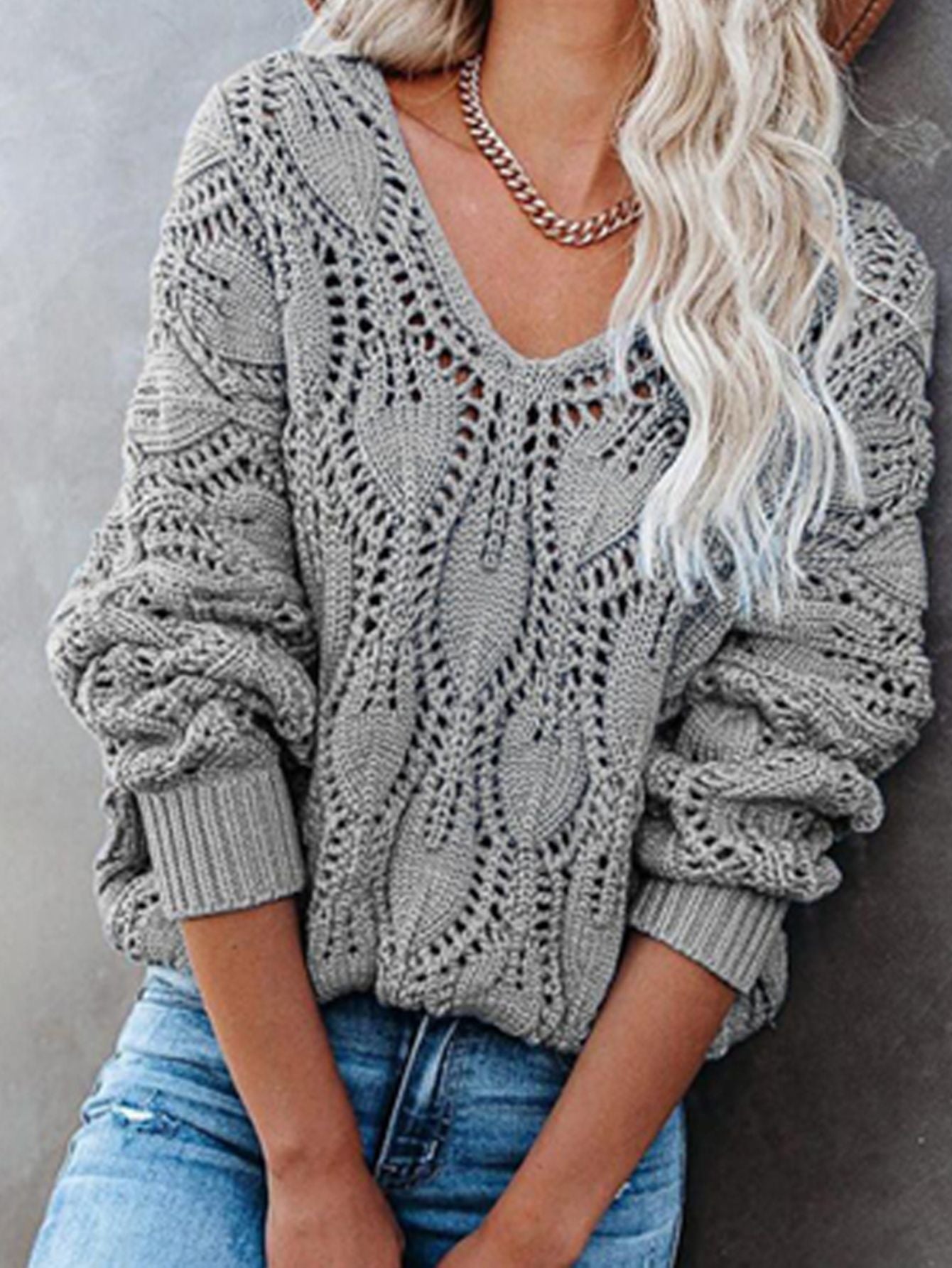 Elegant Hollow Out Pullover Autumn Office Casual Long Sleeve V-Neck Sweaters-Move Position