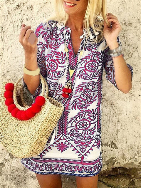 Floral Half Sleeve V-neck Short Dress-Move Position