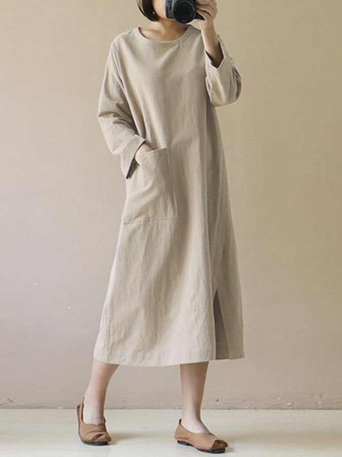 Cotton Linen V-Neck Pocket Dress-Move Position