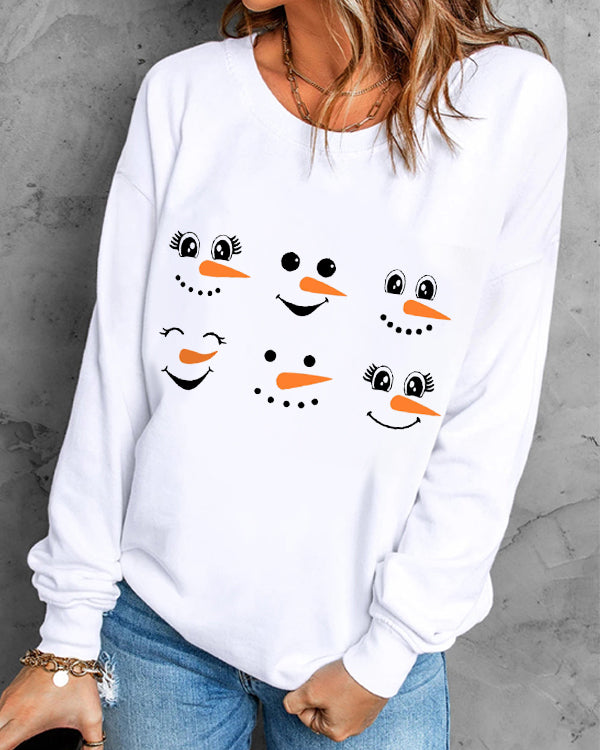 Moveposition™ Snowman Face Print Crew Neck Pullover Sweatshirt-Move Position