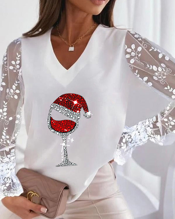 Moveposition™ Women's Christmas Glass Print Lace V Neck Top-Move Position