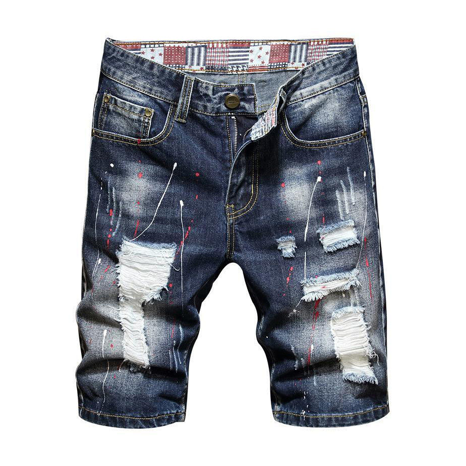 Denim Shorts Straight Youth Ripped Hole Painted Denim Middle Pants-Move Position