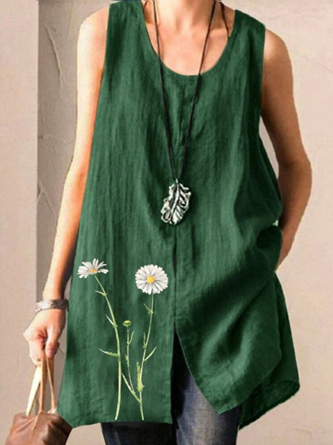 Ladies Cotton Linen Floral Print Casual Top-Move Position