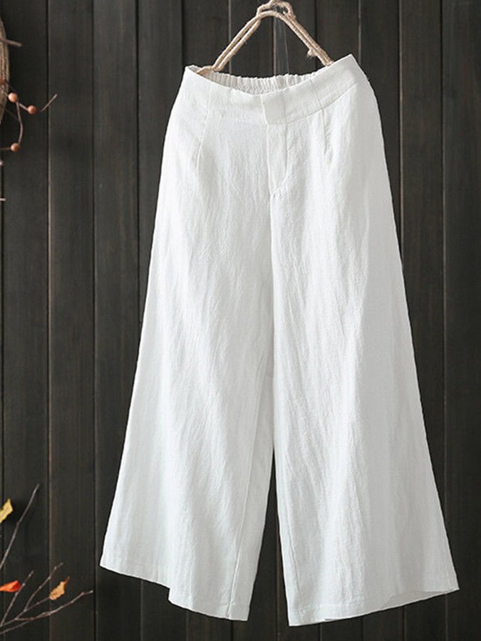 Women's Casual Simple Cotton Pants Loose Nine Point Wide Leg Pants-Move Position