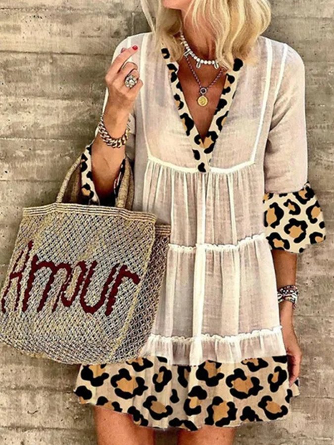 Ladies Cotton Linen Fashion Leopard Print Patchwork Dress-Move Position