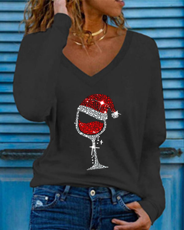 Moveposition™ Christmas wine glass print long-sleeve top-Move Position