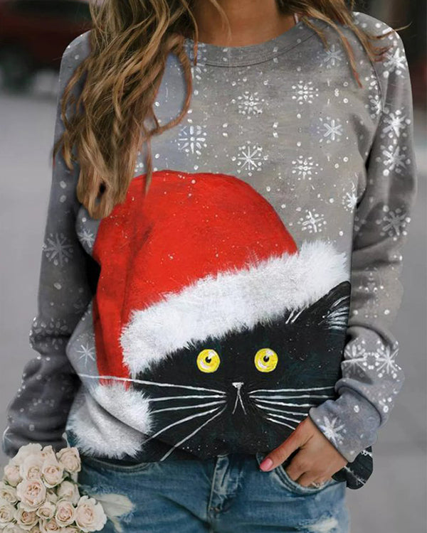 Moveposition™ Christmas Cat Print Long-sleeved Round Neck Sweatshirts-Move Position