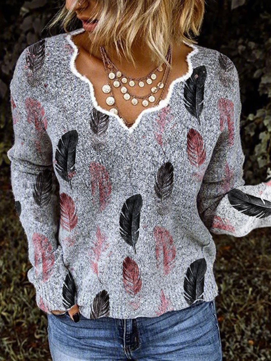 V-neck Feather Print Long-sleeved Sweater Pullover-Move Position
