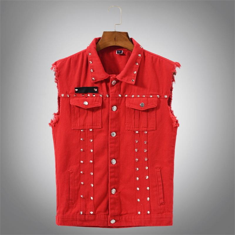 Denim waistcoat slim red waistcoat with rivets cool vest-Move Position